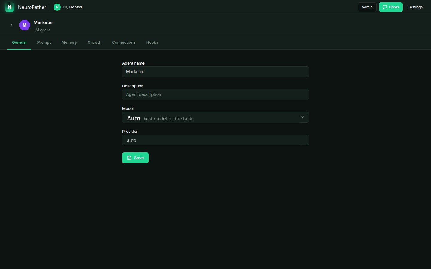 Flexible AI agent setup: role, prompt, memory