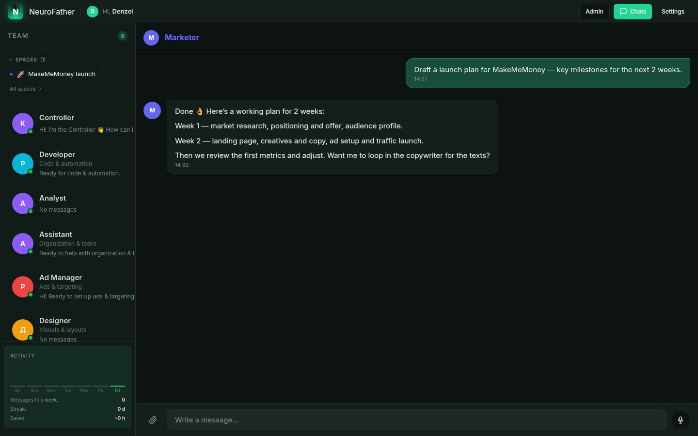 Chat with the NeuroFather team of AI specialists